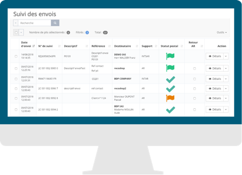 écran interface easyReco, logiciel de traçabilité courrier : page Suivi des envois
