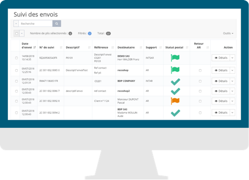 easyReco, logiciel de traçabilité courrier : interface de suivi des expéditions de courrier