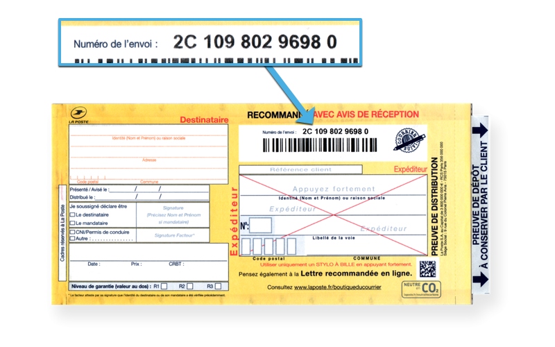 Recommandé manuel postal avec numéro de suivi 2C