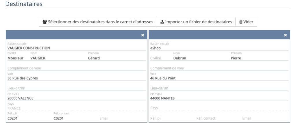 Interface de easyReco, logiciel de traçabilité courrier : préparation d'un envoi