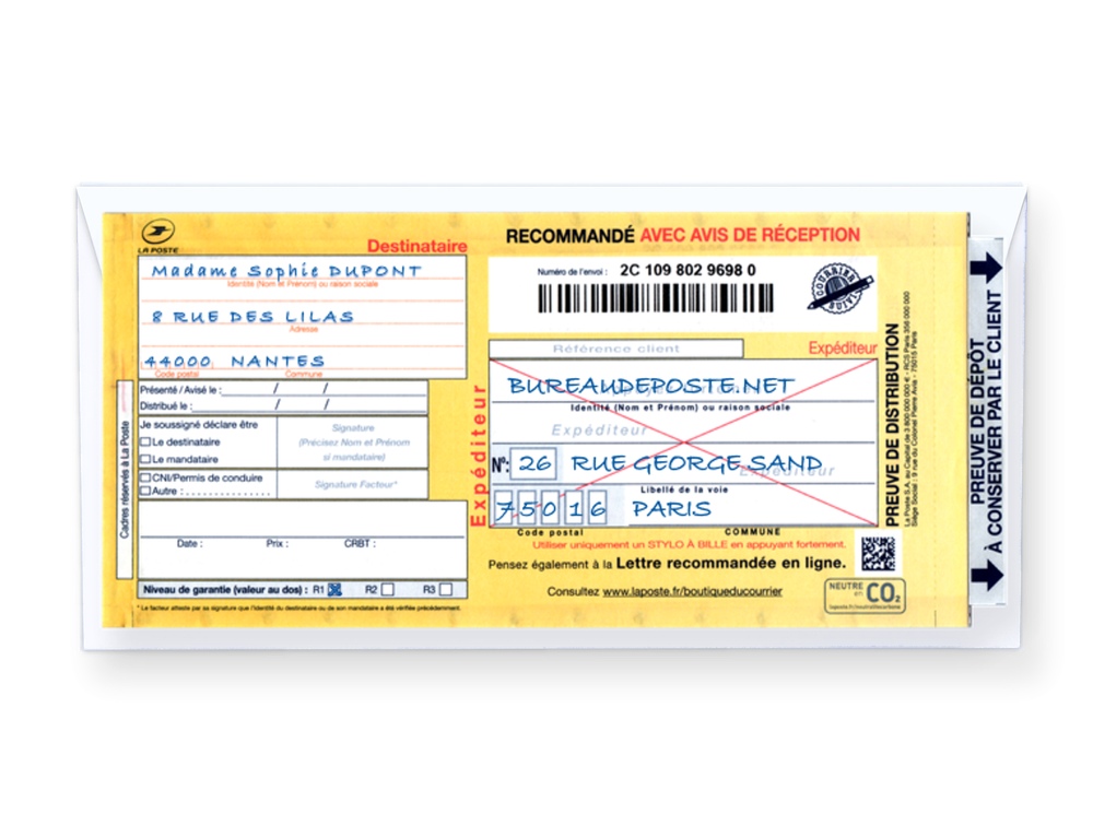 Enveloppe-DL-verso-recommande-manuel Enveloppe DL avec recommandé postal manuel SGR2 et timbre d'affranchissement