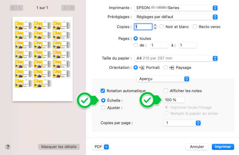 Mon Timbre en Ligne - Paramètres d'impression OK