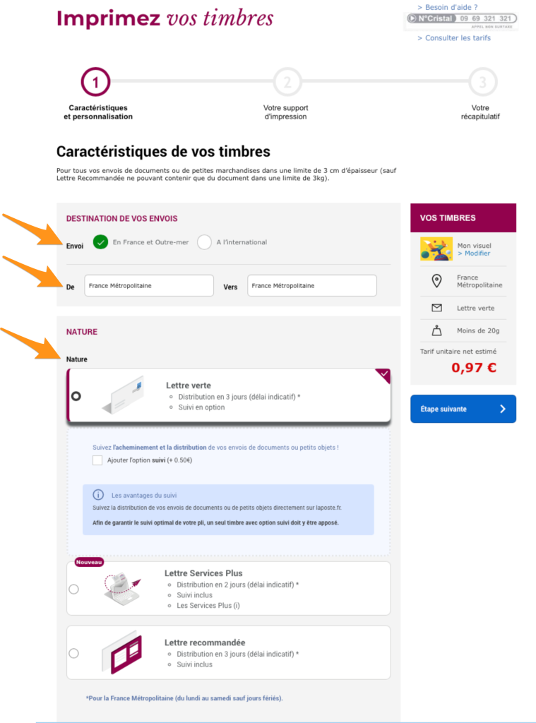 Mon Timbre en Ligne - choix des caractéristiques