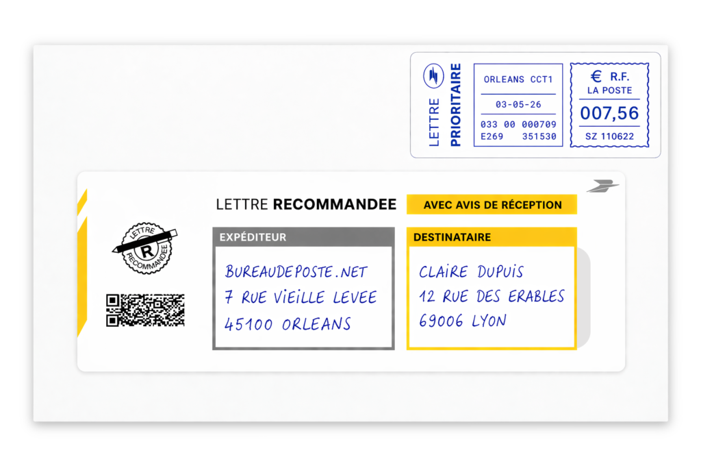 Schéma montrant comment coller la liasse LRSD au recto de l'enveloppe, en dessous du timbre