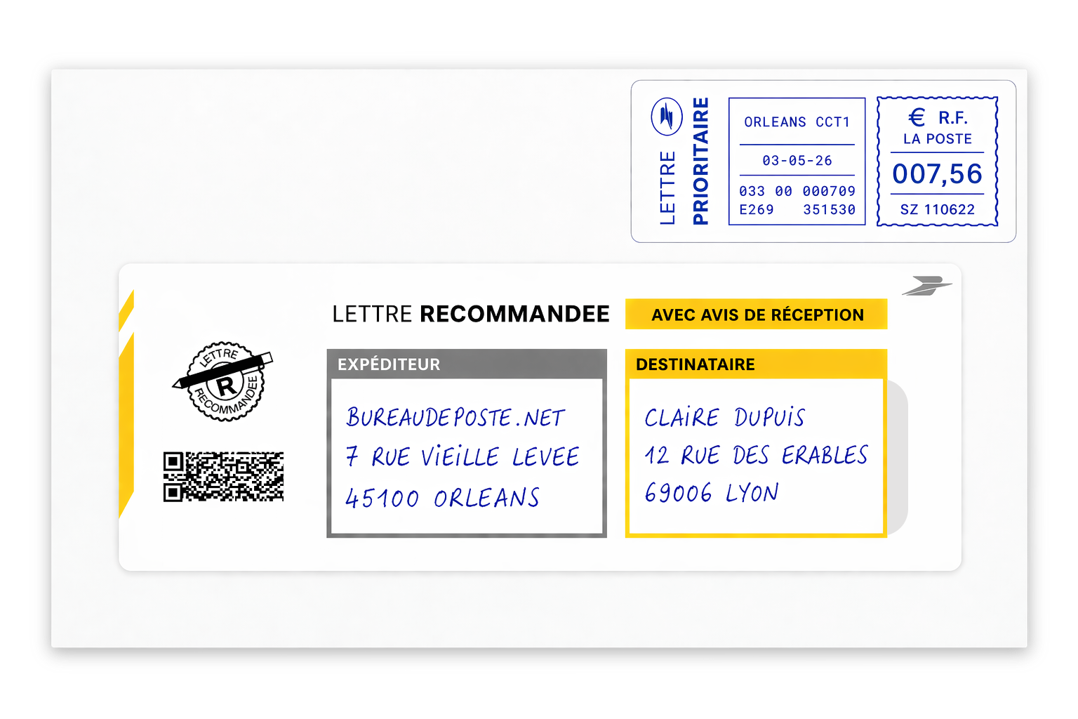 Illustration positionnement liasse LRSD sur enveloppe avec timbre