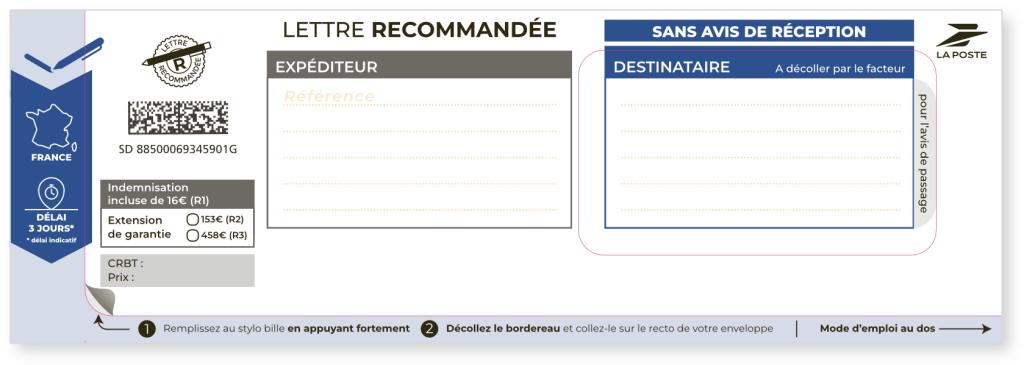 LRSD sans AR — image principale section (SD 885000693459001G) Étiquette lettre recommandée LRSD sans avis de réception SD 885000693459001G