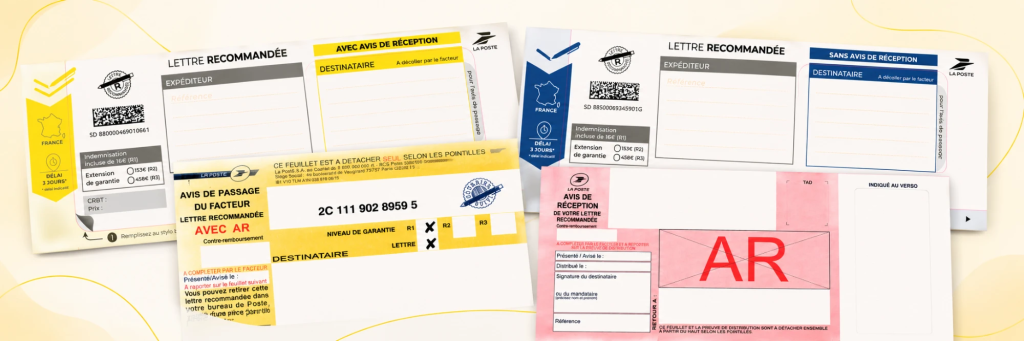 Les feuillets du bordereau de recommandé LRSD — bannière Feuillets d un bordereau de recommandé LRSD : étiquettes avec et sans AR, avis de passage et avis de réception