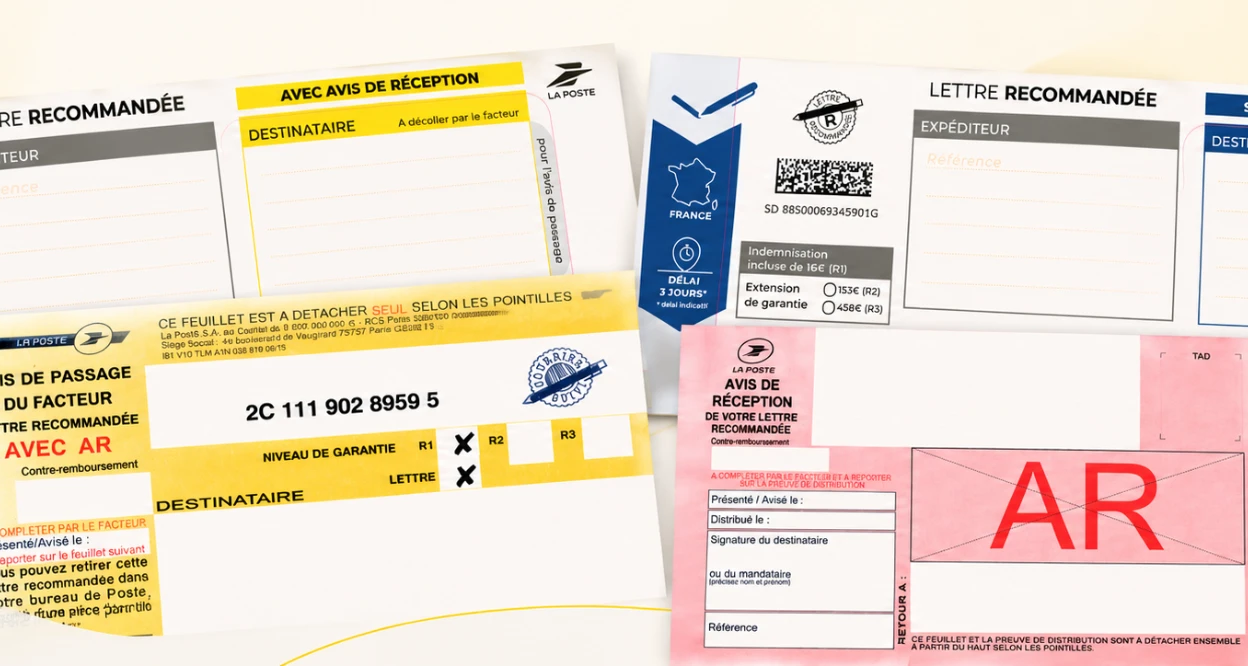 Feuillets d un bordereau de recommandé LRSD : étiquettes avec et sans AR, avis de passage et avis de réception