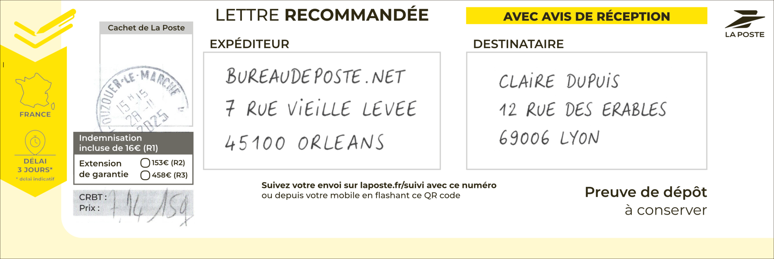 Preuve de dépôt d'un recommandé LRSD remplie – Bureaudeposte.net