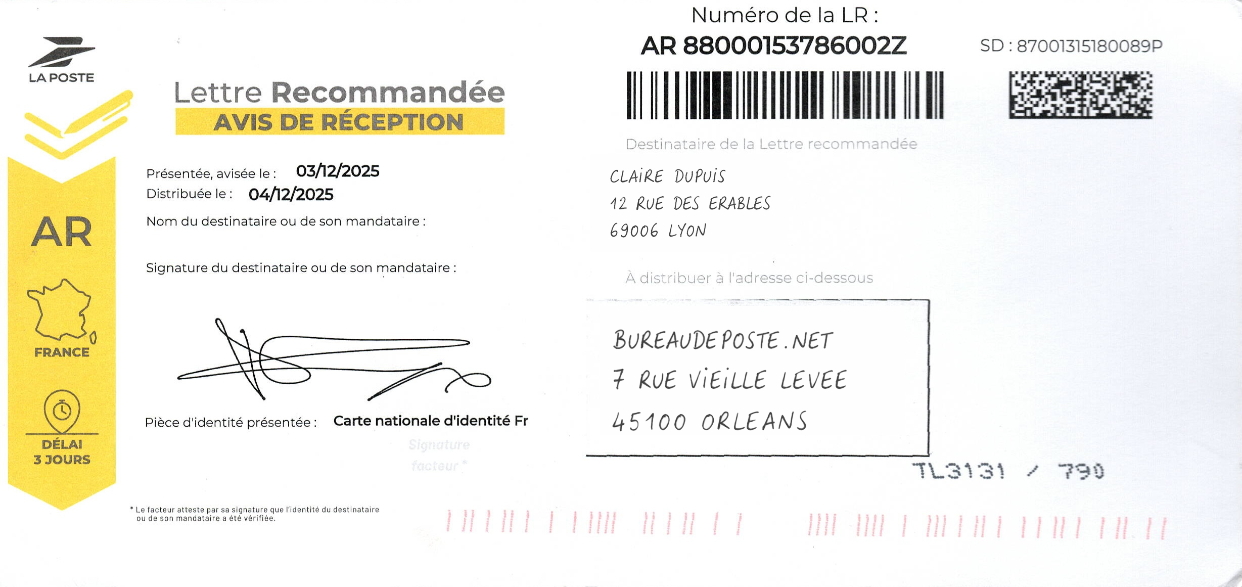 Accusé de réception (avis de réception) d'un recommandé LRSD rempli et signé – Bureaudeposte.net