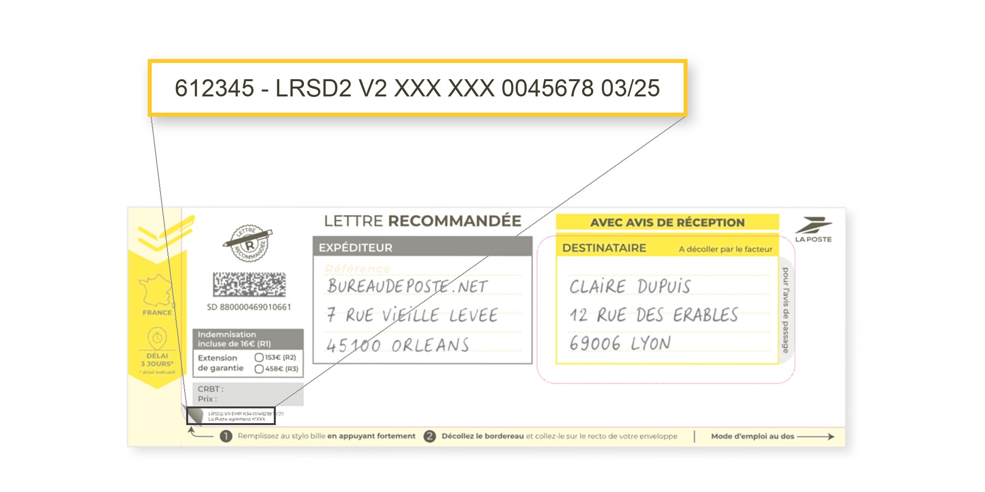Emplacement du numéro d'agrément La Poste sur la liasse recommandée LRSD – Bureaudeposte.net