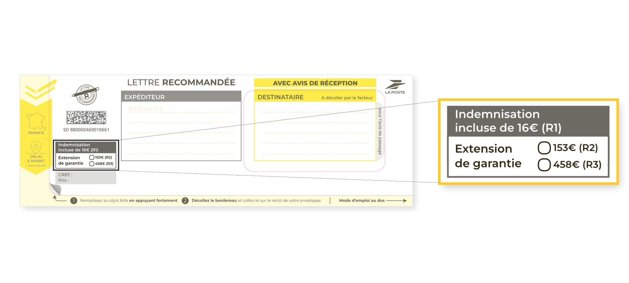 Encadré Indemnisation de la liasse LRSD : R1 inclus, extension de garantie R2 ou R3 à cocher – Bureaudeposte.net