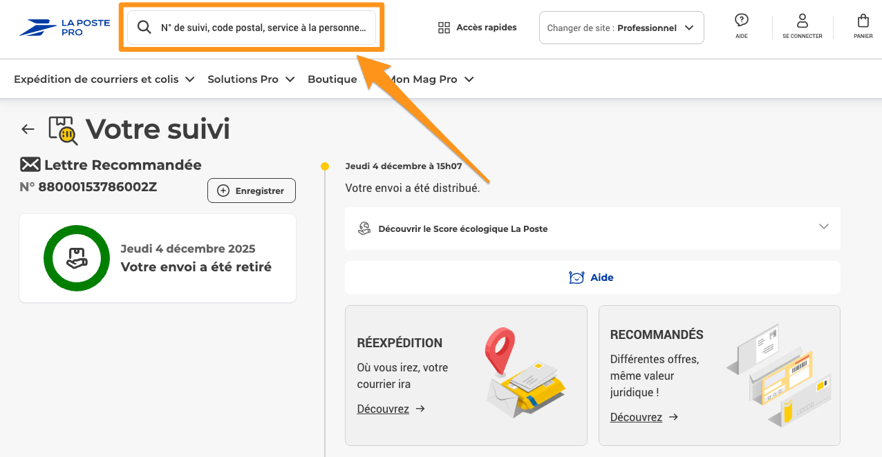 Page de suivi des envois sur le site de La Poste – recherche par numéro de suivi