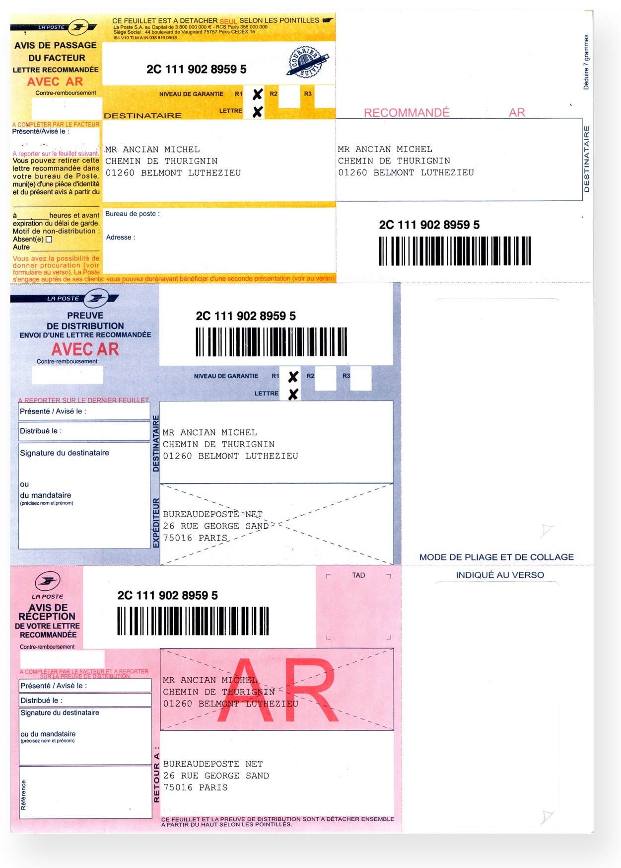 Recommandé A4 avec avis de réception et code-barres : avis de passage, preuve de distribution et avis de réception – Bureaudeposte.net
