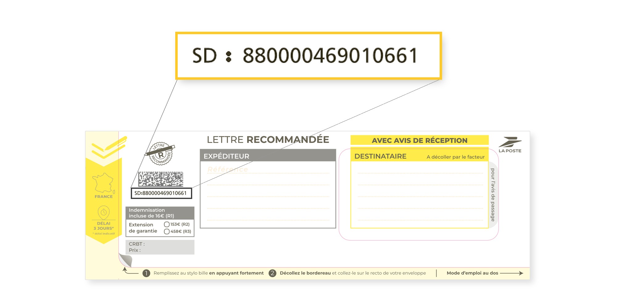 Numéro de suivi SD sur la liasse recommandée LRSD, sous le code Datamatrix – Bureaudeposte.net