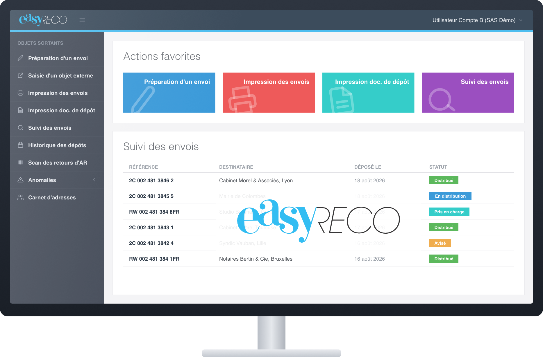 Interface easyReco sur ordinateur : préparation et suivi des recommandés – Bureaudeposte.net